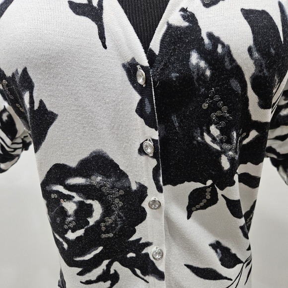 INC International Concepts White Black Floral Jewel Button Up Cardigan Medium - Picture 4 of 11